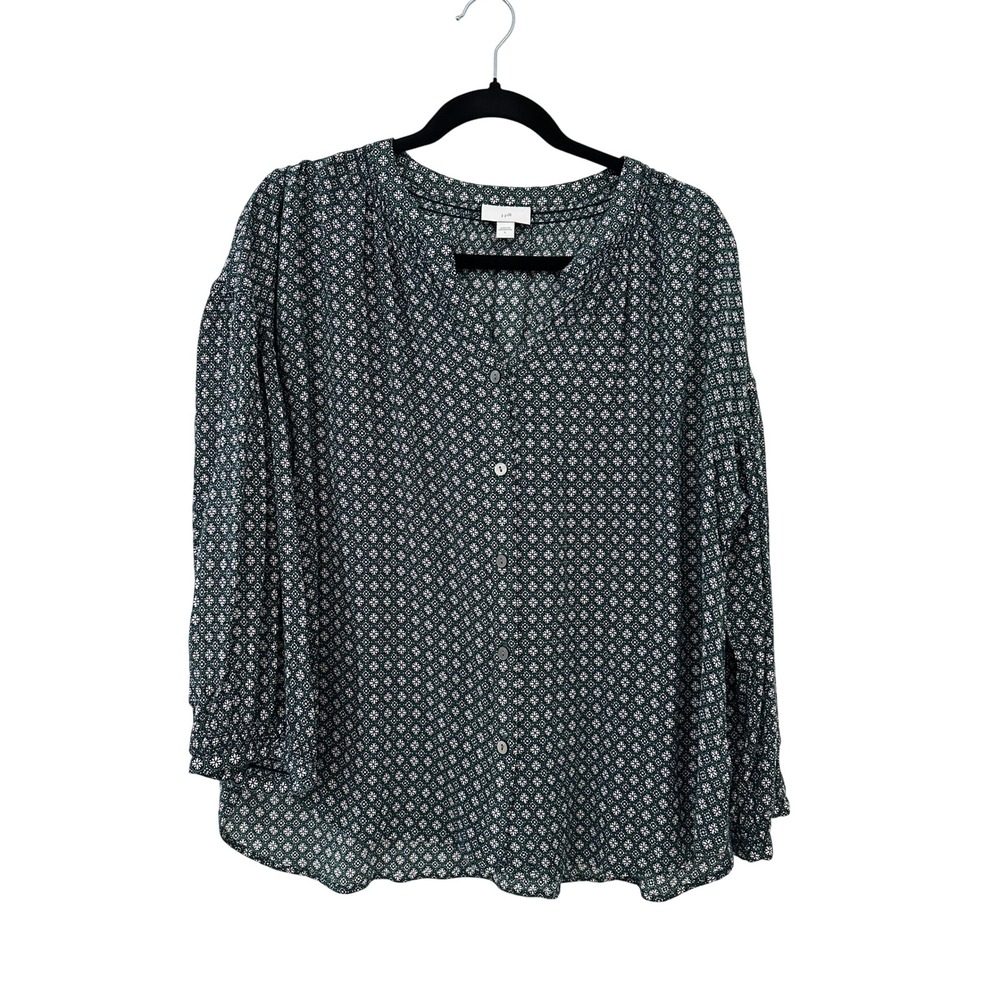 J. Jill Women Green Geometric Floral Rayon Button Up Top Size L Boho Career